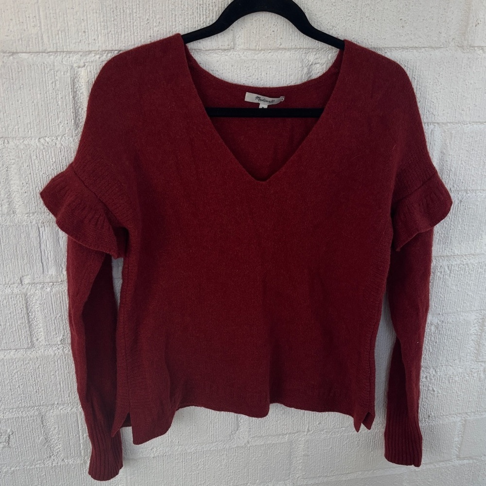 Madewell Ruffled Merino Wool Red Long Sleeve Sweater sz M